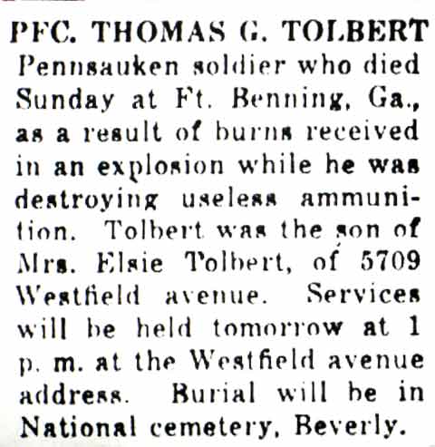 PFC Thomas G. Tolbert caption, Camden Courier-Post, October 15, 1947