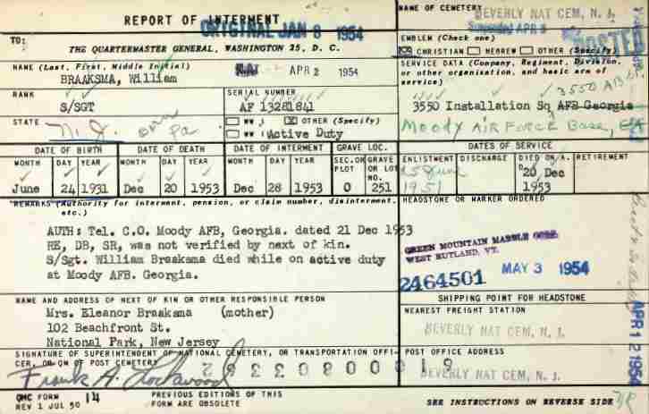 U.S. National Cemetery Interment Control Form for William Braaksma Jr.