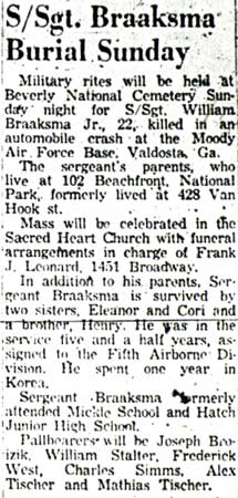 S/Sgt. Braaksma Burial Sunday, Camden Courier-Post, December 26, 1953