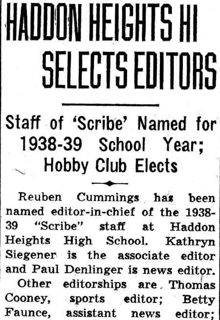Haddon Heights Hi Selects Editors, Camden Courier-Post, February 22, 1938, part 1