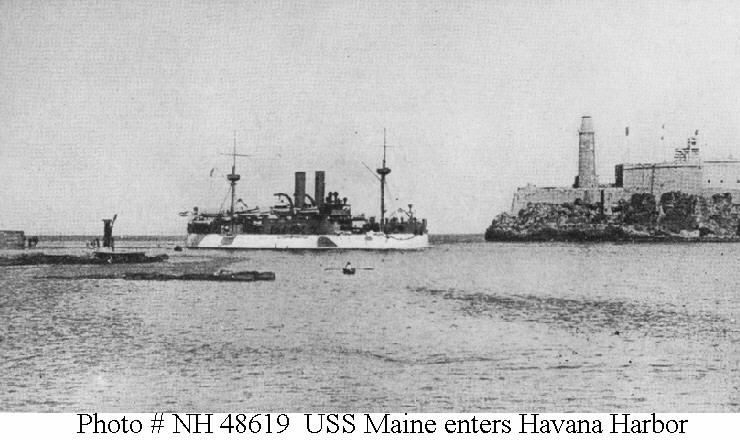 USS Maine passing Morro Castle as she entered Havana harbor, Cuba, January 25, 1898