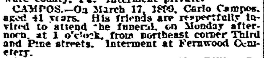 Campos obituary notice — Philadelphia Inquirer, March 19, 1899