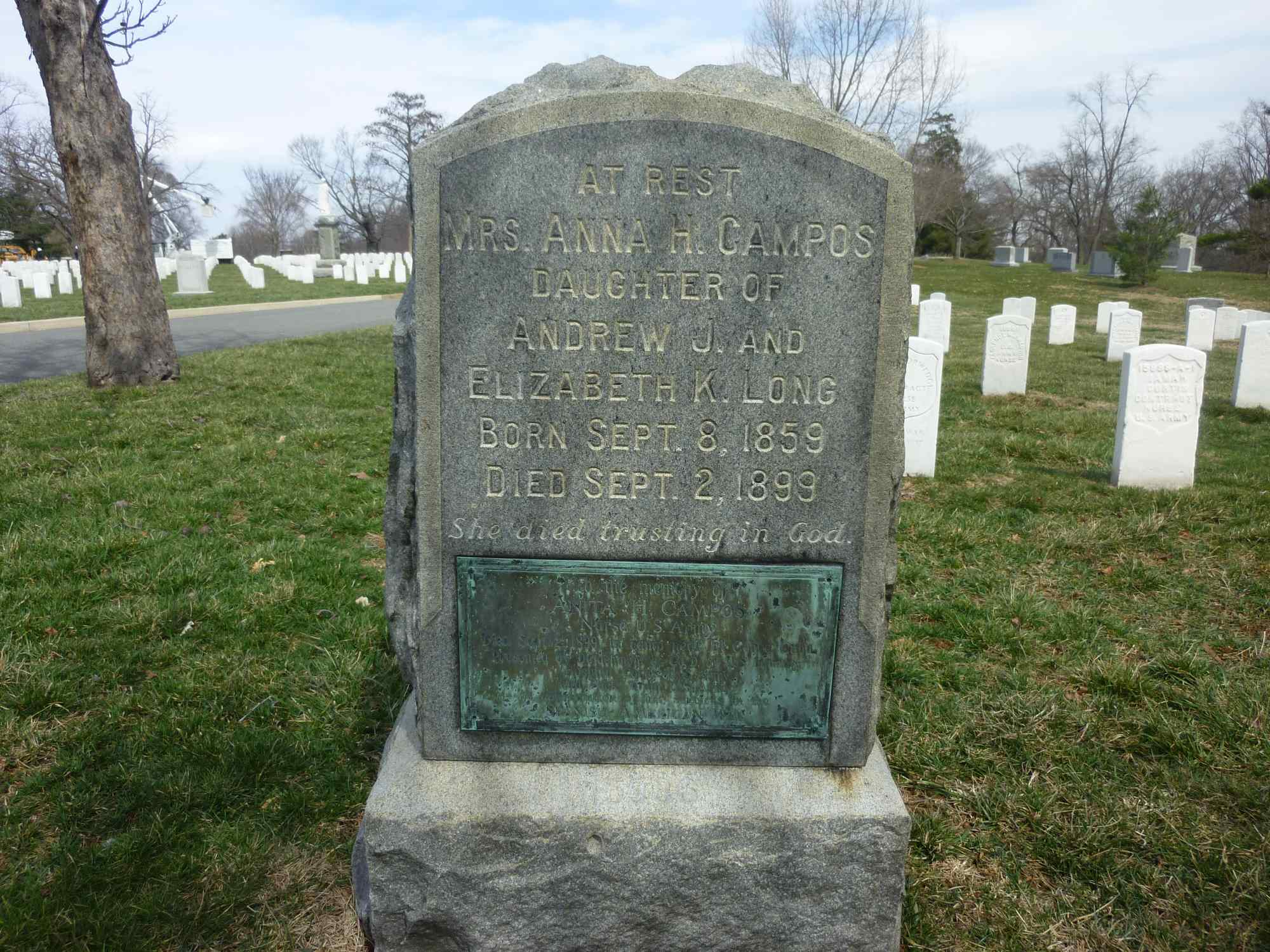 Anna H. Campos grave marker: At Rest, Mrs. Anna H. Campos, Daughter of Andrew J. and Elizabeth K. Long, Born Sept. 8, 1859, Died Sept. 2, 1899