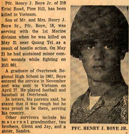 Camden Courier-Post article, June 6, 1968, with portrait of Pfc. Henry J. Boye Jr.