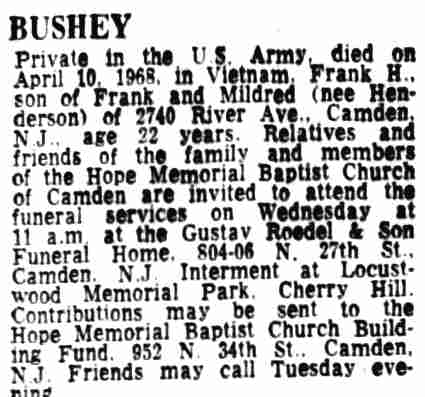 Camden Courier-Post death notice for Frank Harry Bushey, April 23, 1968