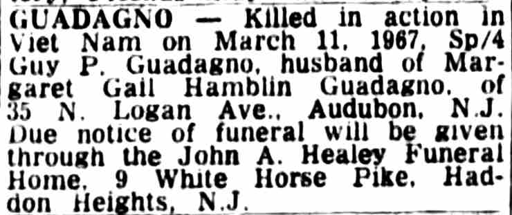 Camden Courier-Post death notice for Guy P. Guadagno, March 18, 1967