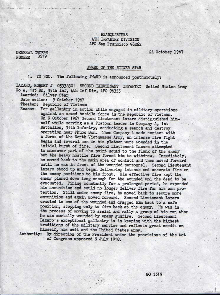 Silver Star commendation for Robert James Lazaro