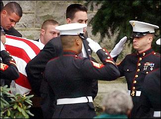 Philadelphia Inquirer - November 24, 2004. An honor guard of Marines salutes Ryan's casket as it is carried from St. Mary's.