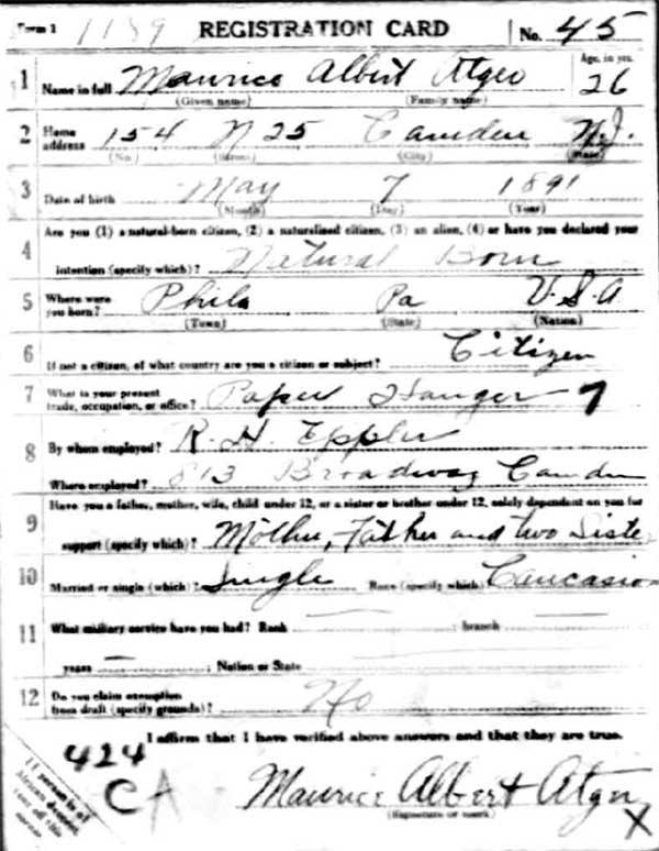 World War I Draft Card - Maurice Albert Atger, front