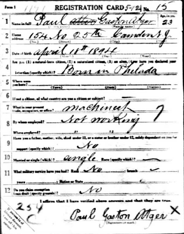 World War I Draft Card - Paul Gaston Atger, front