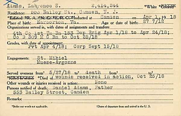 Camden County World War I Honor Roll — Laurence S. Adams