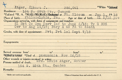 Albert J. Atger Camden County World War I Honor Roll card