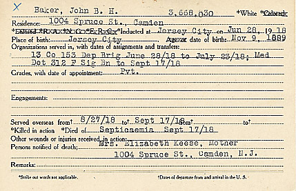 Camden County World War I Honor Roll — John Benjamin H. Baker
