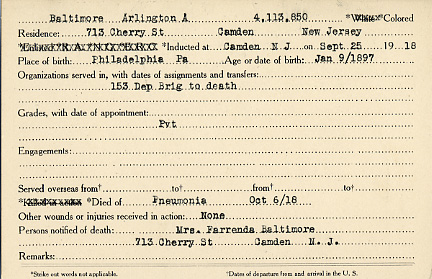 Arlington A. Baltimore Camden County World War I Honor Roll card