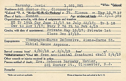 David Barnaby Camden County World War I Honor Roll card