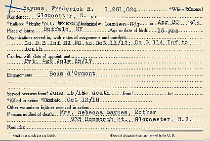 Frederick H. Baynes Camden County World War I Honor Roll card