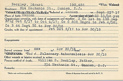 Edward Beckley Camden County World War I Honor Roll card