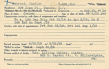 Charles Behrend Camden County World War I Honor Roll card