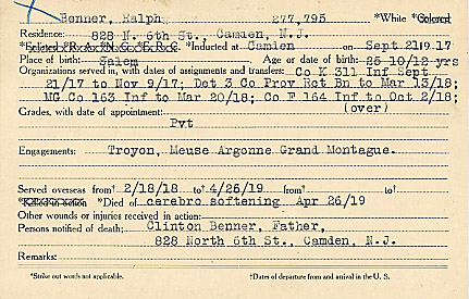 Ralph Benner Camden County World War I Honor Roll, page 1