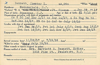 Chester L. Bennett Camden County World War I Honor Roll card