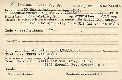 David T. Borland Jr. Camden County World War I Honor Roll card