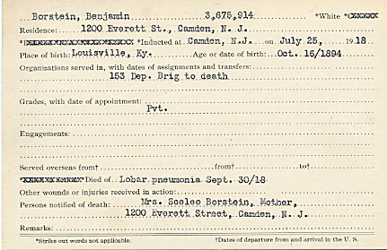 Benjamin Borstein Camden County World War I Honor Roll card