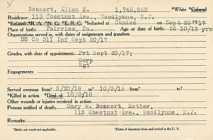 Allen H. Bossert Camden County World War I Honor Roll card