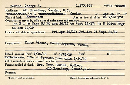 George A. Bowers Camden County World War I Honor Roll card