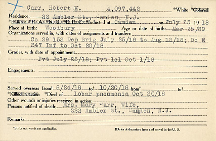 Robert H. Carr Camden County World War I Honor Roll