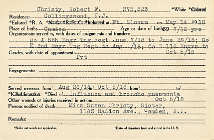 Robert F. Christy Camden County World War I Honor Roll