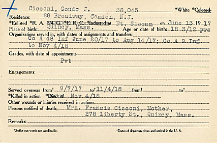 Guido John Cicconi Camden County World War I Honor Roll card