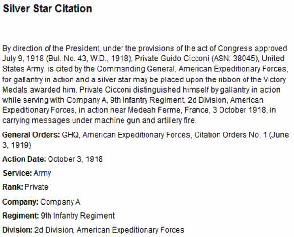 Guido John Cicconi Silver Star citation