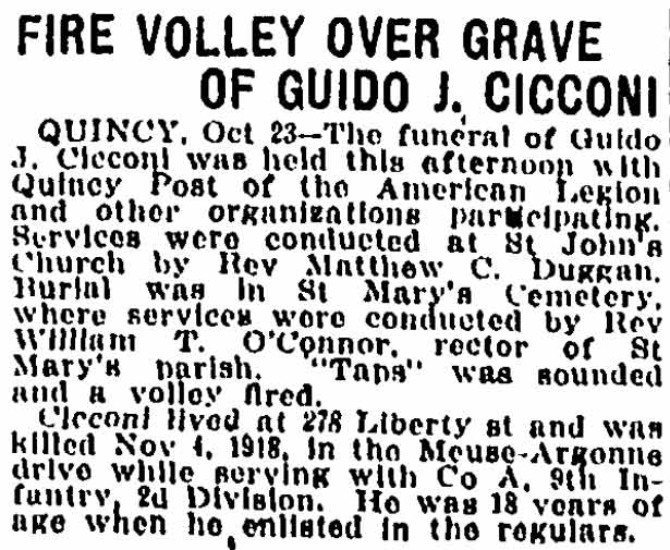Boston Daily Globe, October 24, 1921 — Fire Volley Over Grave of Guido J. Cicconi