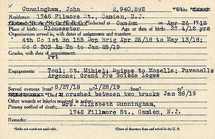Camden County World War I Honor Roll — John Cunningham