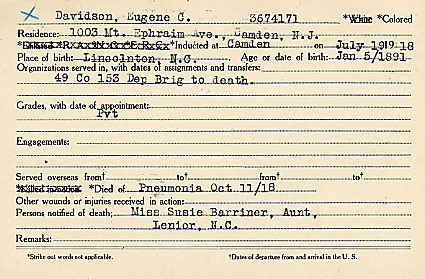 Eugene Davidson Camden County World War I Honor Roll card