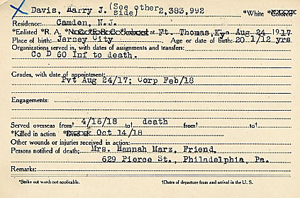 Camden County World War I Honor Roll — Harry J. Davis