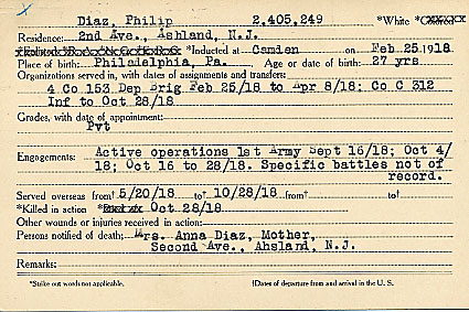 Philip Diaz Camden County World War I Honor Roll