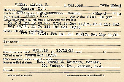 Alfred W. Dilks Camden County World War I Honor Roll card