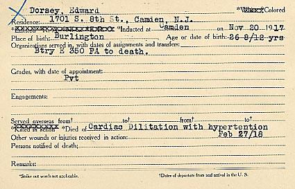 Edward H. Dorsey Camden County World War I Honor Roll card