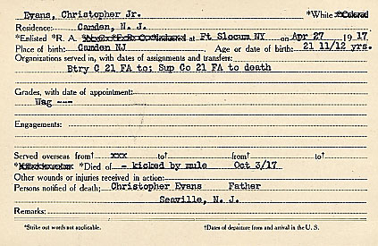 Christopher Evans Jr. Camden County World War I Honor Roll card