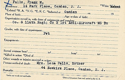 Frank M. Falls Camden County World War I Honor Roll card