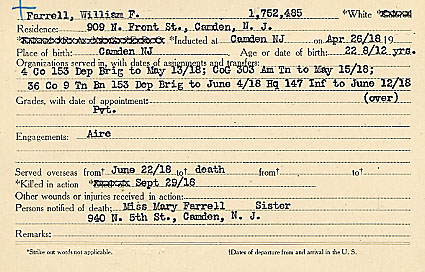 William F. Farrell Camden County World War I Honor Roll