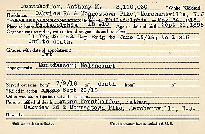 Anthony Michael Forsthoffer Camden County World War I Honor Roll card