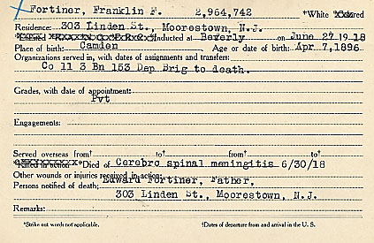 Franklin F. Fortiner Camden County World War I Honor Roll card