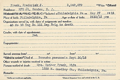 Frederick Frank Camden County World War I Honor Roll card