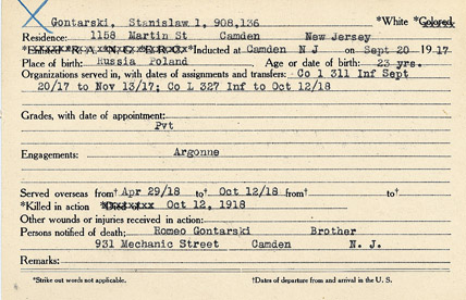 Stanislaw Gontarski Camden County World War I Honor Roll