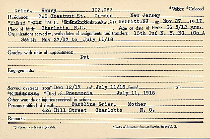 Camden County World War I Honor Roll — Henry Grier