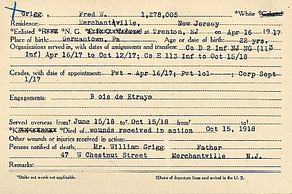 Frederick W. Grigg Camden County World War I Honor Roll card