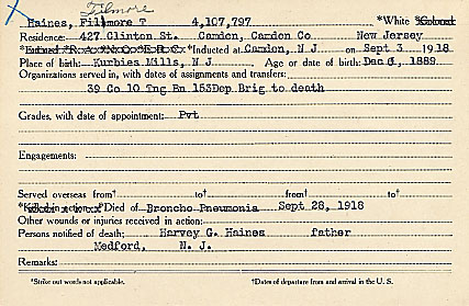 Fillmore Haines Camden County World War I Honor Roll card