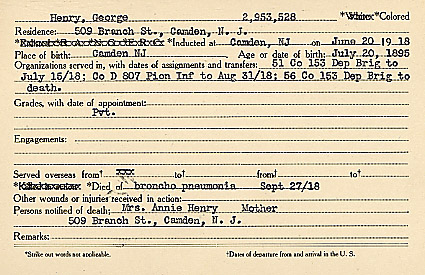 George Henry Camden County World War I Honor Roll card